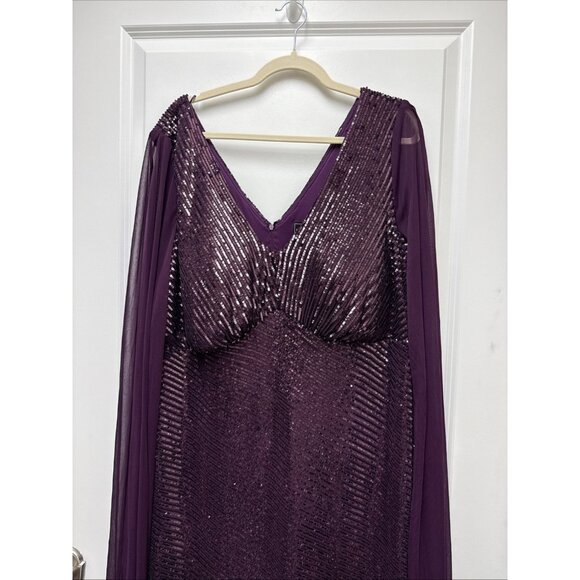 New Nightway Plus Size 18W Purple Sequined Cape Formal Gown Cocktail Maxi Dress - Picture 5 of 12